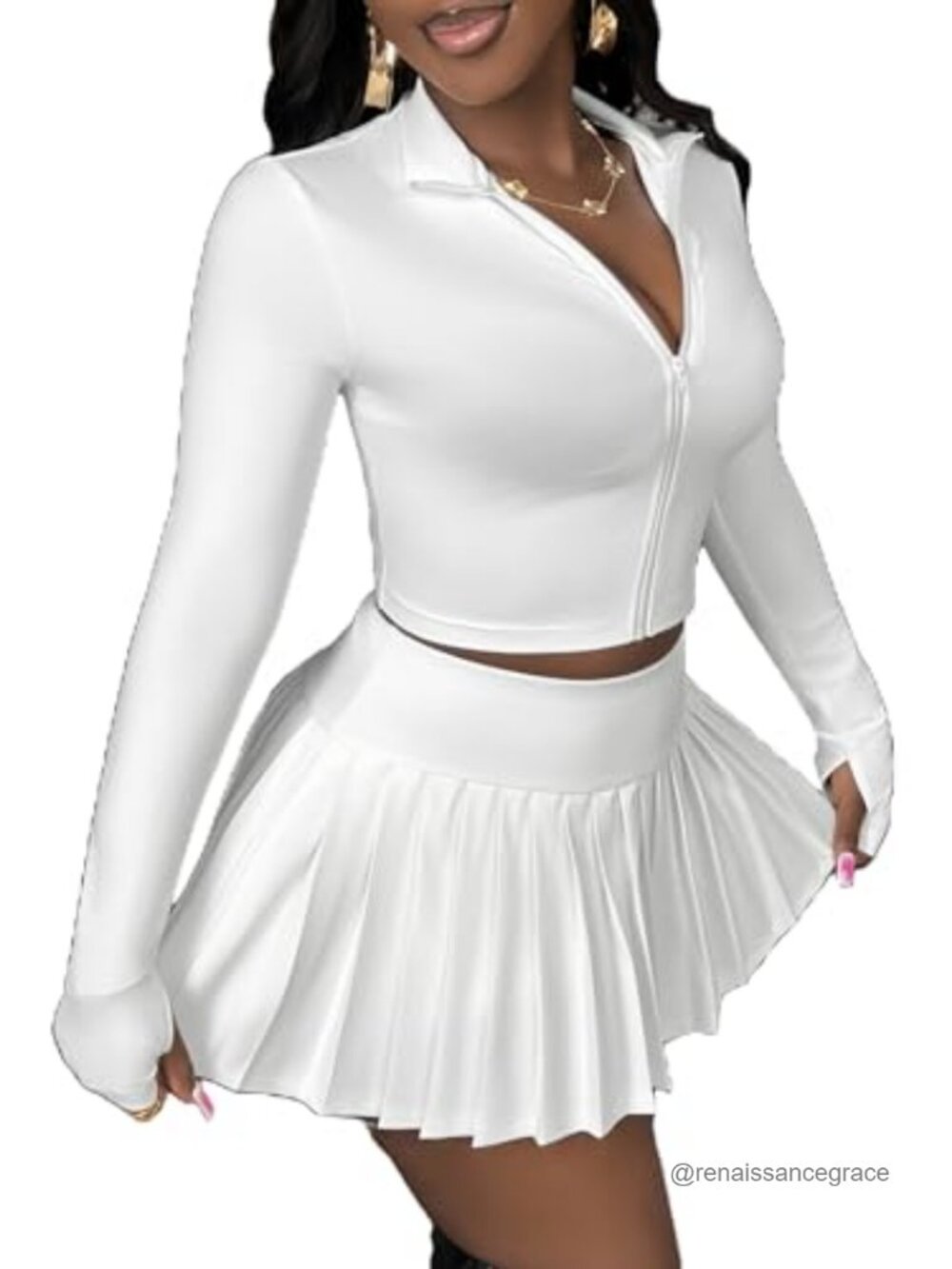 2 Piece Outfit Pleated Mini Skirt Set Long Sleeve Crop Top Tennis Skort